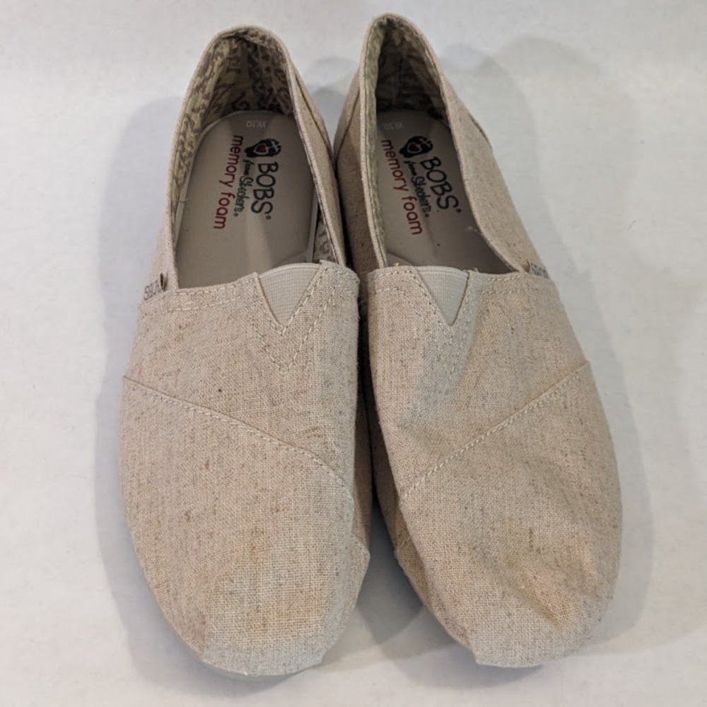 Skechers BOBS Women 10 Beige Canvas Memory Foam Slip On Flats 33904 NAT